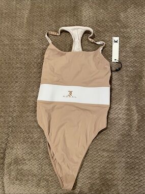 Koral Tan and White One-Piece Swim Bodysuit
